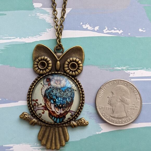 Owl Rustic Antique Gold Charm Cabochon Pendant Adjustable Statement Necklace - Picture 4 of 8